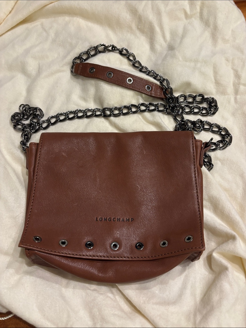 Longchamp Brown Leather Crossbody with Gunmetal Chain with dust bag